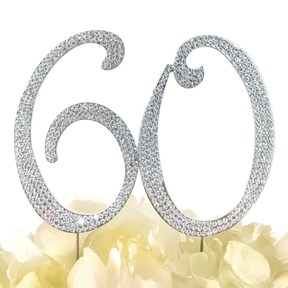 Rhinestone Cake Topper - Number 60 - Silver Metal with Czech Rhinestones